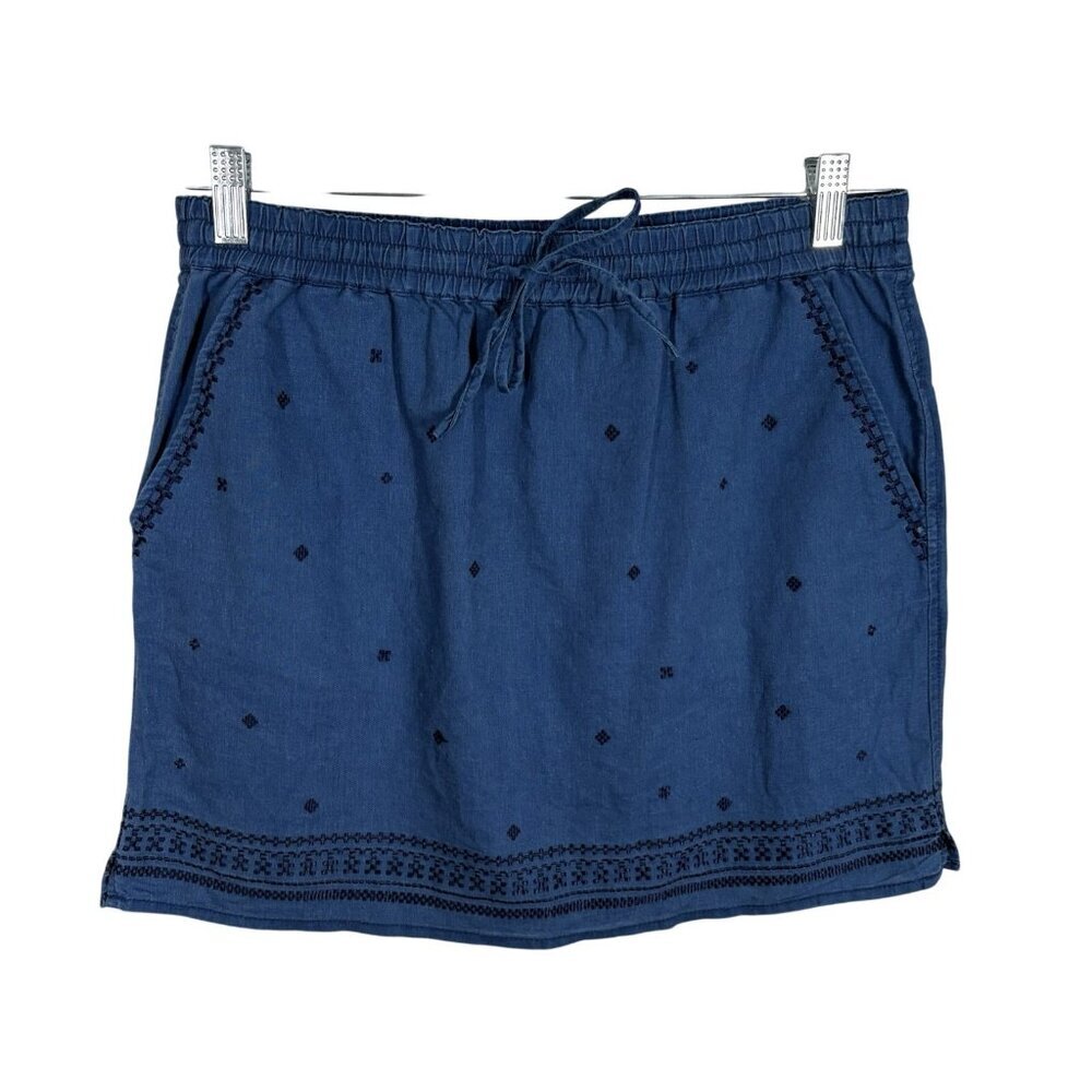 J.Crew Women S Blue Chambray Linen Cotton Embroidered Drawstring Mini Skirt - Picture 2 of 10